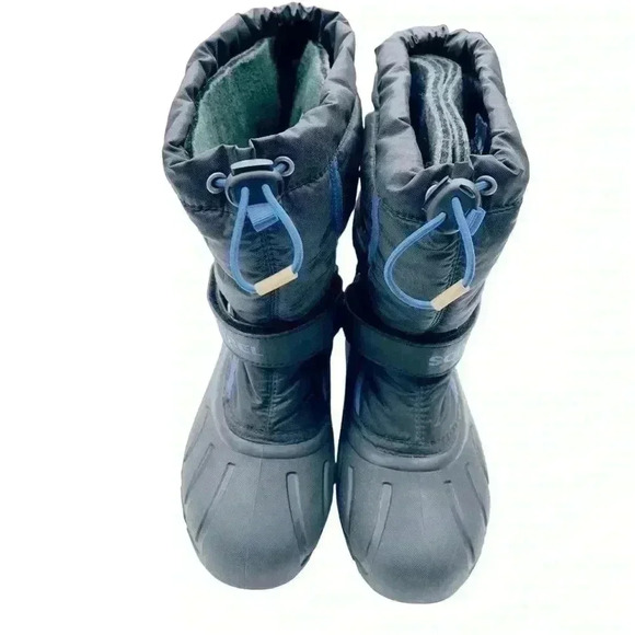 SOREL BIG KIDS WATERPROOF SNOW BOOTS BLACK/BLUE SIZE4 PREOWNED GREAT CONDITION - Picture 2 of 9